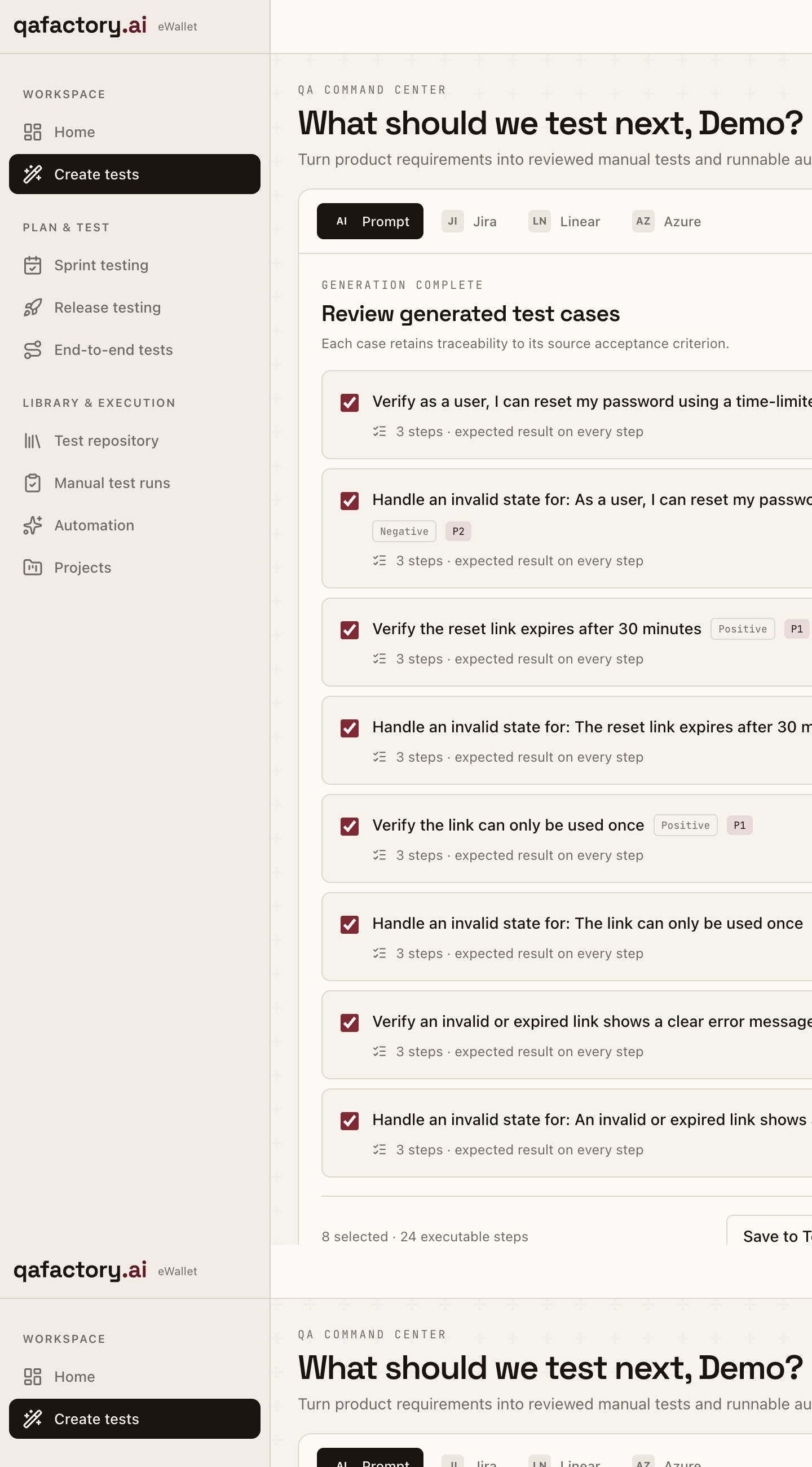 QAFactory dashboard showing generated test cases with priorities and executable steps